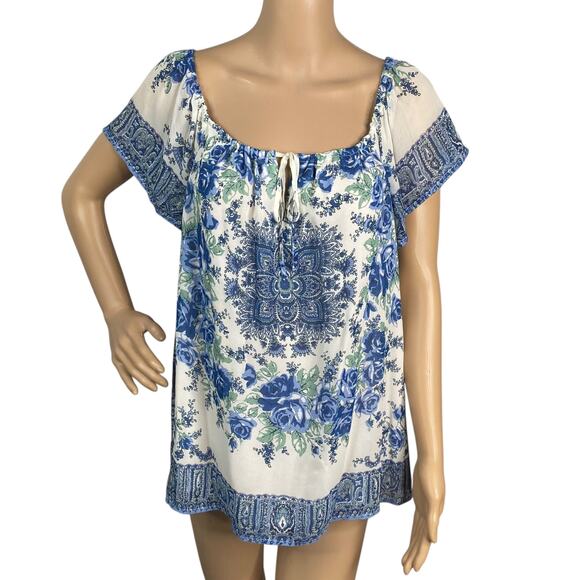 Joie Taj Delft Blue Floral Border Print Silk Flutter Sleeve Peasant Blouse SZ M - Picture 5 of 13